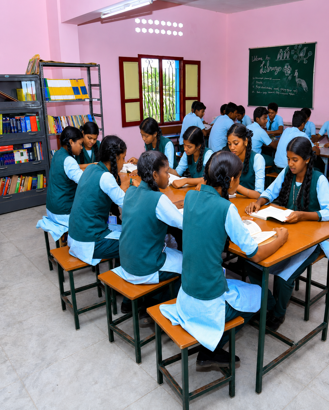 Students reading books inside the calm and well-organised library at JMJ School