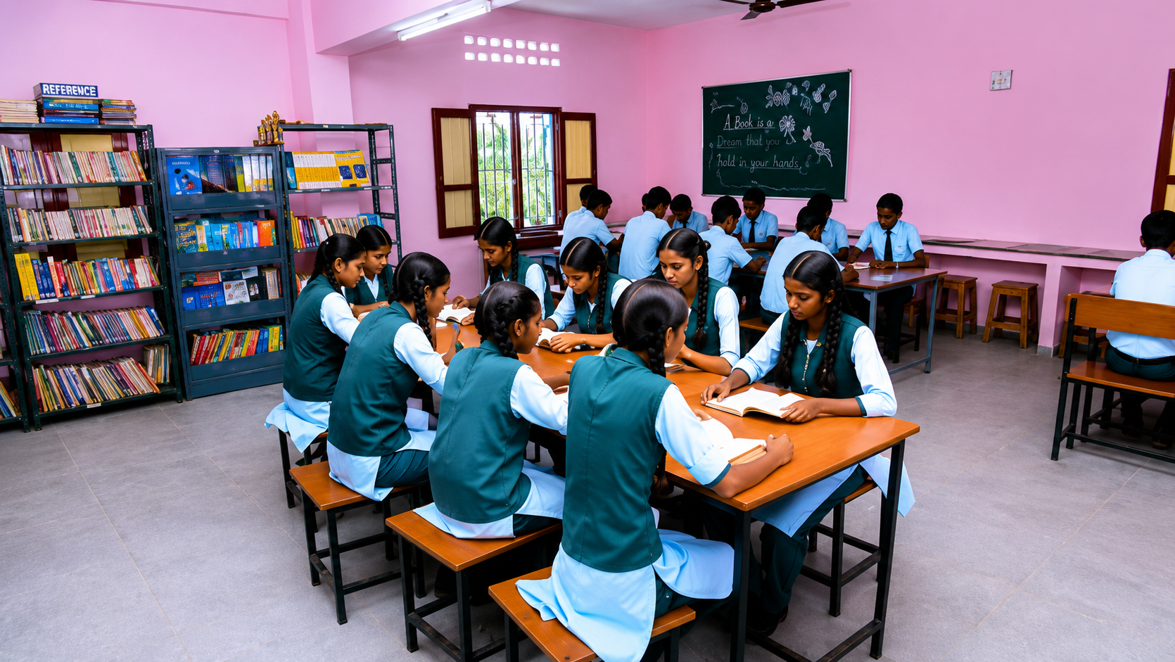 School library with organised books and learning resources